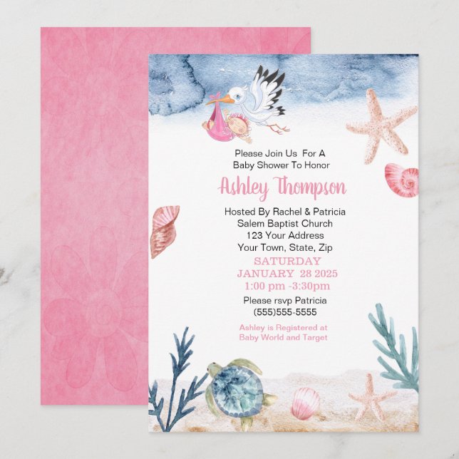 Stork and Ocean Girl  Baby Shower Invitation (Front/Back)