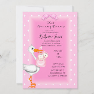 Stork and Twin Girls Shower Invitations