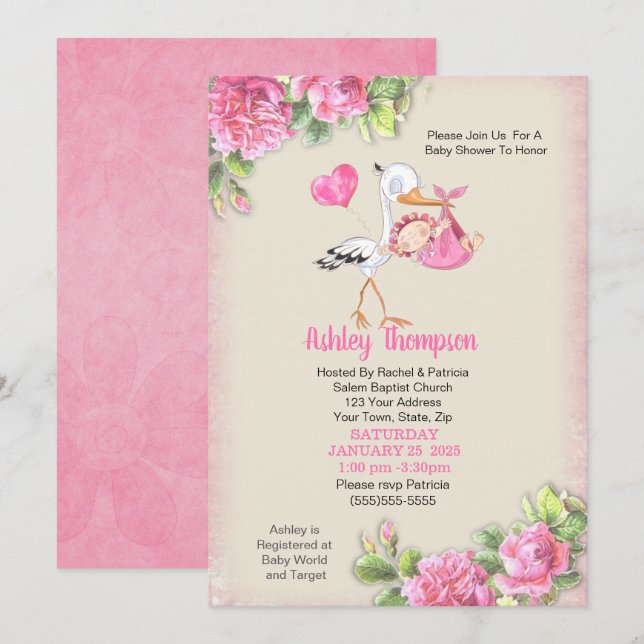 Stork and Watercolor Flowers Girls Baby Shower Invitation (Front/Back)