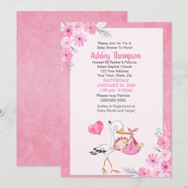 Stork and Watercolor Flowers Girls Baby Shower Invitation (Front/Back)