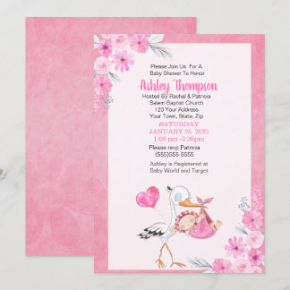 Stork and Watercolor Flowers Girls Baby Shower Invitation