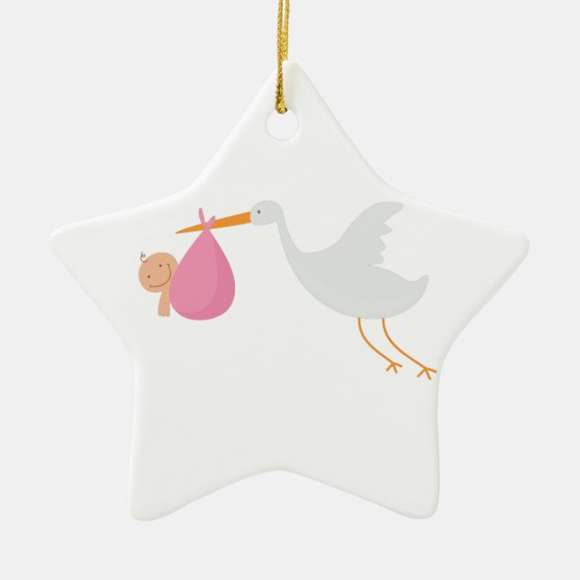 Stork Arrival Ceramic Tree Decoration (Front)