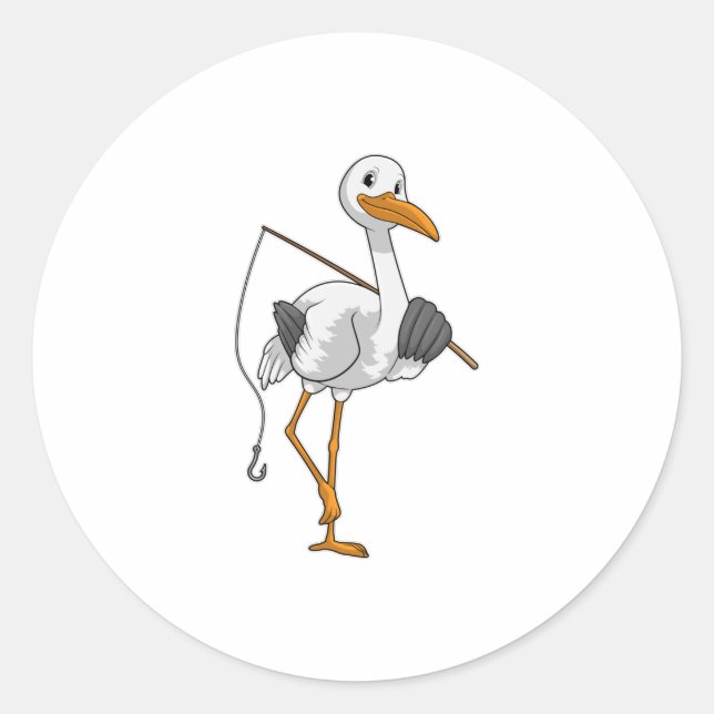 Stork as Fisher with Fishing rod Classic Round Sticker (Front)