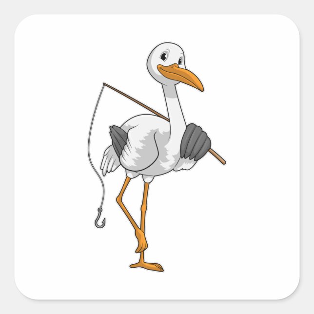 Stork as Fisher with Fishing rod Square Sticker (Front)