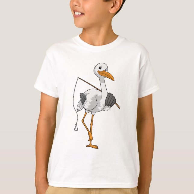 Stork as Fisher with Fishing rod T-Shirt (Front)