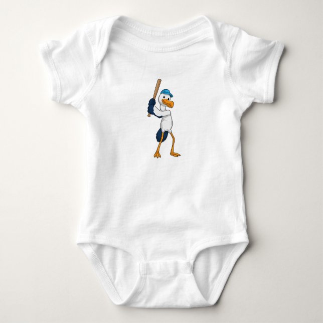 Stork at Baseball with Baseball bat Baby Bodysuit (Front)