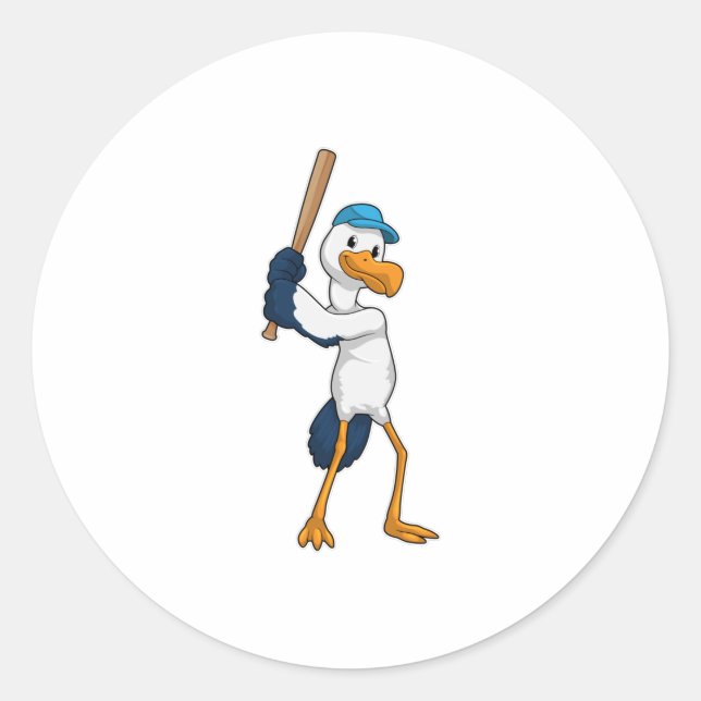Stork at Baseball with Baseball bat Classic Round Sticker (Front)