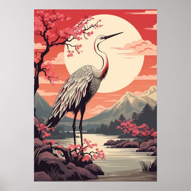 Stork at sunrise by the Lake and Sakura trees Poster (Front)
