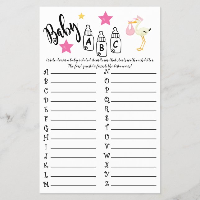 STORK BABY ABC BABY SHOWER GAME CARD (Front)