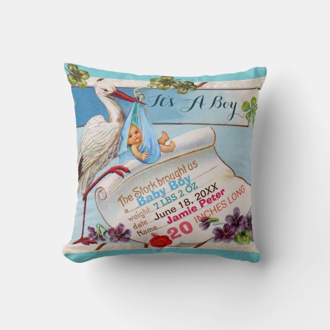 STORK,BABY AND SHAMROCKS Floral Boy Baby Stats Cushion (Front)