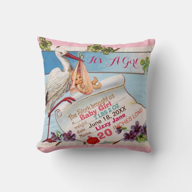 STORK,BABY AND SHAMROCKS Floral Girl Baby Stats Cushion (Front)