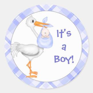 Stork & Baby Boy Baby Announcement Classic Round Sticker