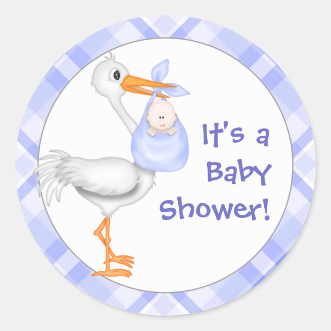 Stork & Baby Boy Baby Shower Classic Round Sticker (Front)