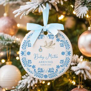 Stork Baby Boy Birth Announcement Christmas Ceramic Tree Decoration