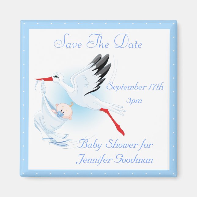 Stork & Baby Boy Blue Save the Date Baby Shower Magnet (Front)