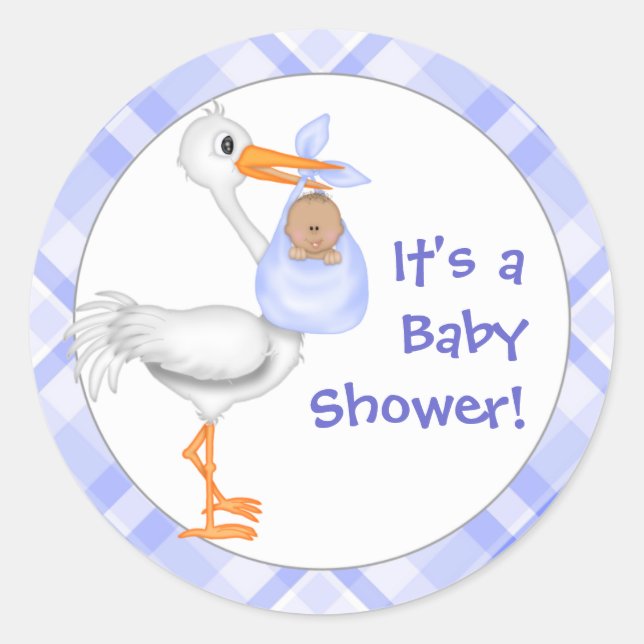 Stork & Baby Boy (dark skin) Baby Shower Classic Round Sticker (Front)