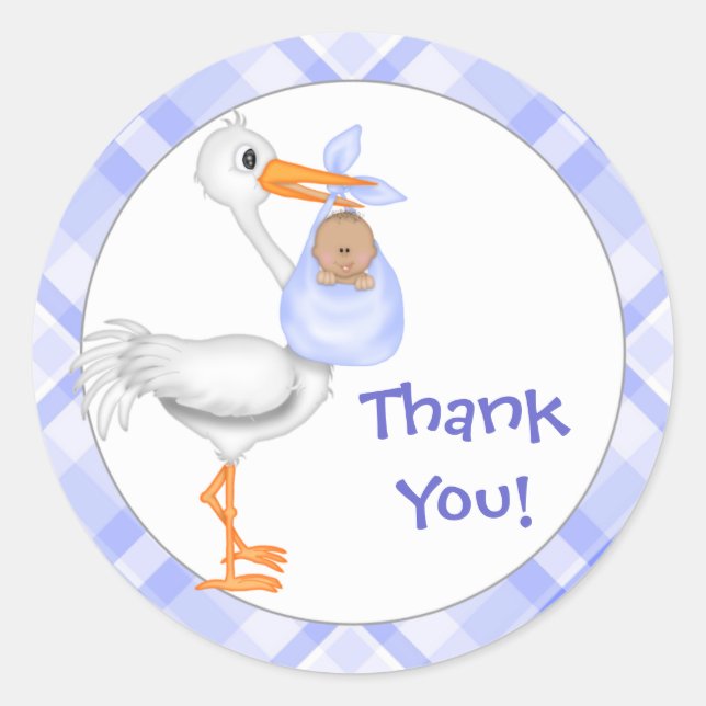 Stork & Baby Boy (darker skin) Thank You Classic Round Sticker (Front)