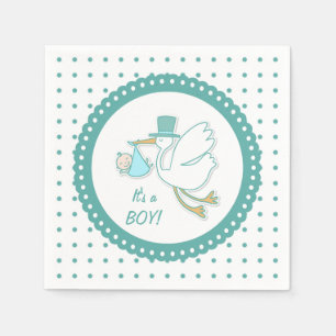Stork, baby boy, polka dots Party Napkins
