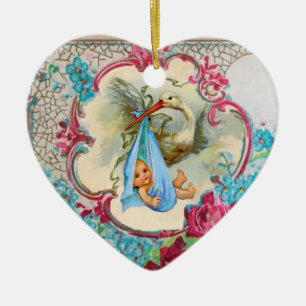 STORK BABY  BOY SHOWER 2 MONOGRAM Blue Aquamarine Ceramic Tree Decoration