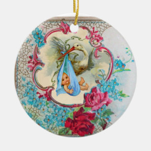 STORK BABY  BOY SHOWER 2 MONOGRAM Blue Aquamarine Ceramic Tree Decoration