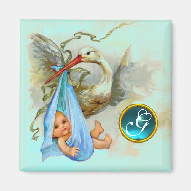 STORK BABY BOY SHOWER 2 MONOGRAM ,turquase Magnet (Front)