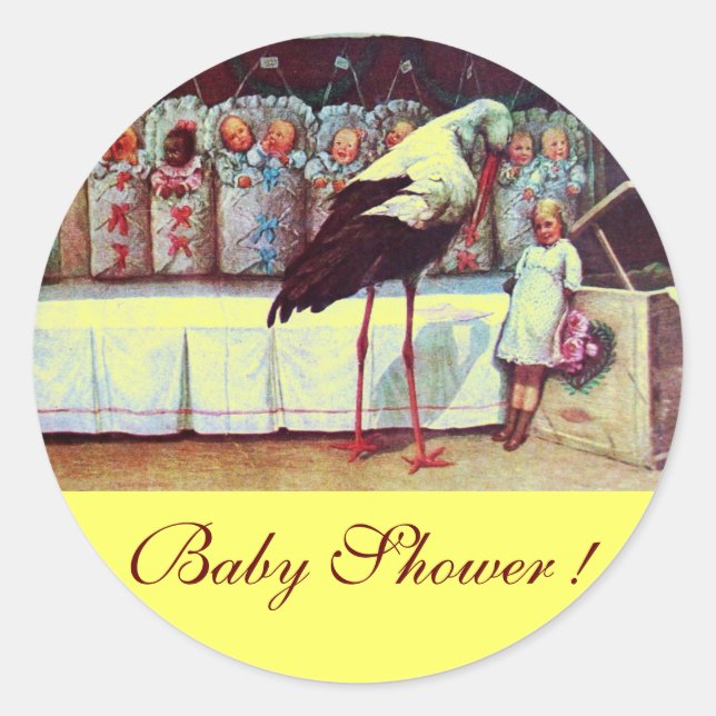 STORK BABY BOY SHOWER 3 yellow Classic Round Sticker (Front)