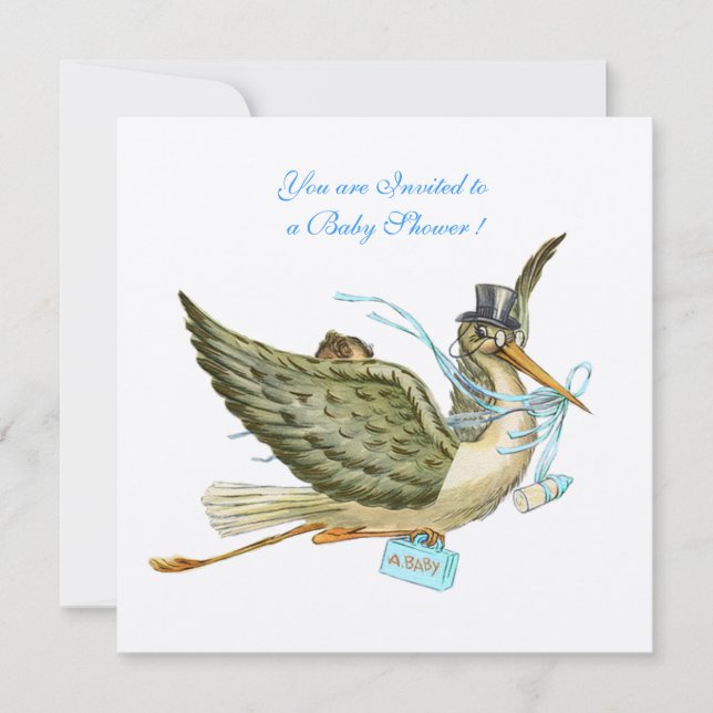 STORK BABY BOY SHOWER ,blue  cream felt paper Invitation (Front)