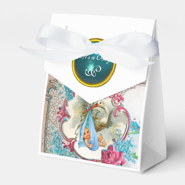 STORK BABY BOY SHOWER BLUE GEM MONOGRAM White Favour Box (Front Side)