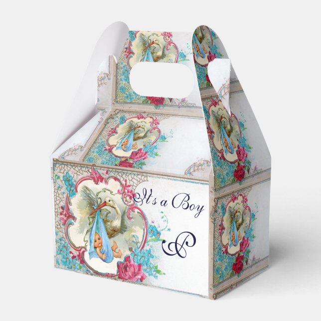 STORK BABY BOY SHOWER BLUE GEM MONOGRAM White Favour Box (Front Side)