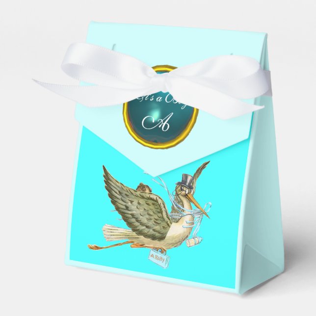 STORK BABY BOY SHOWER BLUE GEM STONE MONOGRAM FAVOUR BOX (Front Side)
