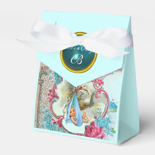 STORK BABY BOY SHOWER BLUE GEM STONE MONOGRAM FAVOUR BOX (Front Side)