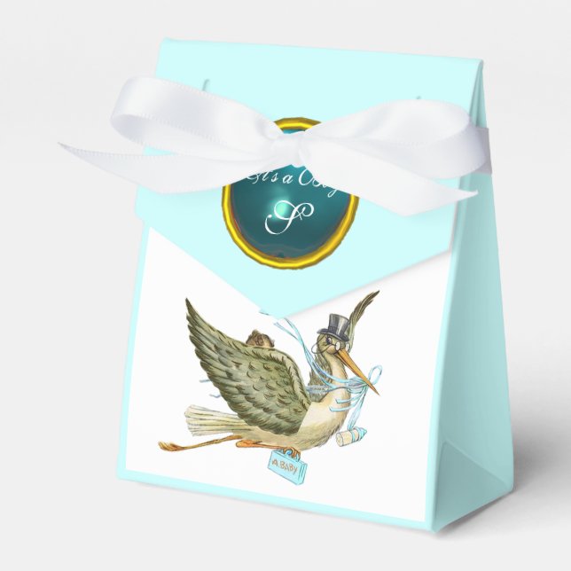 STORK BABY BOY SHOWER BLUE GEM STONE MONOGRAM FAVOUR BOX (Front Side)