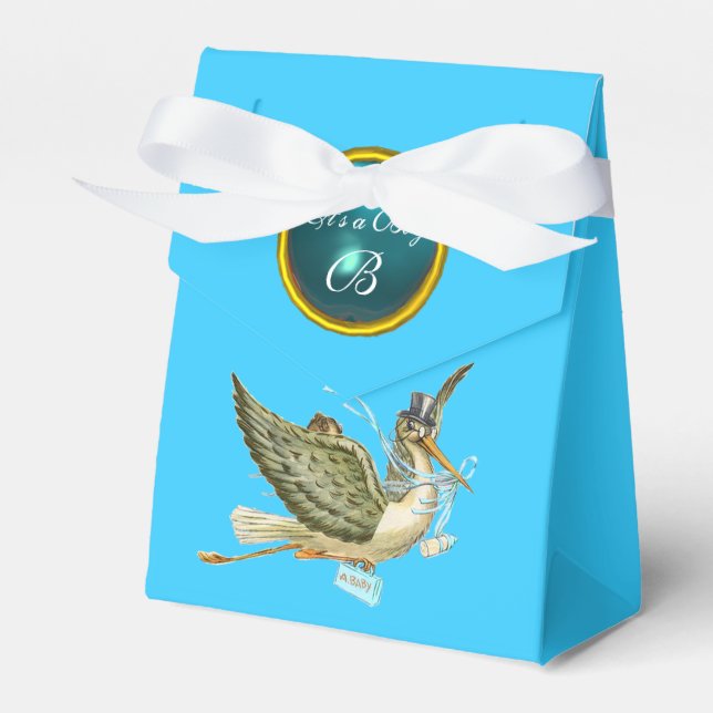 STORK BABY BOY SHOWER BLUE GEM STONE MONOGRAM FAVOUR BOX (Front Side)