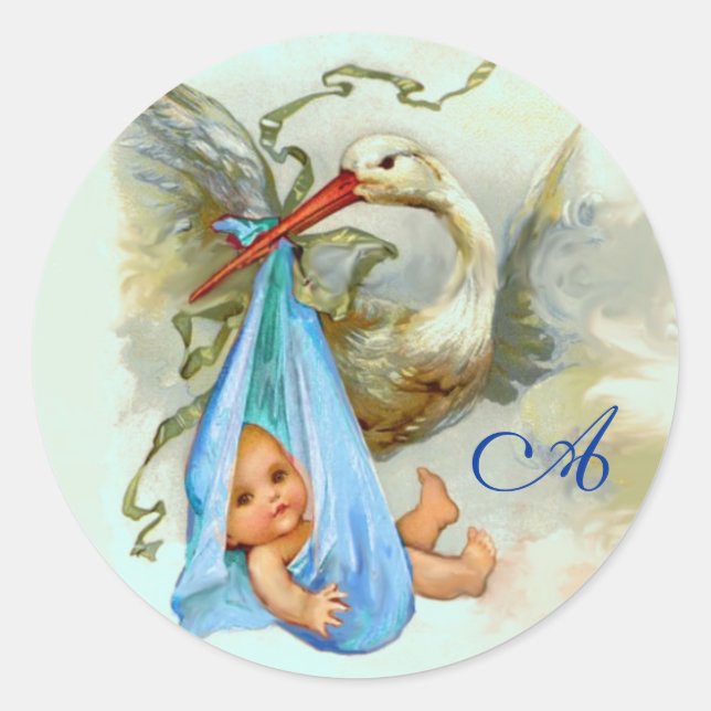 STORK BABY BOY SHOWER BLUE MONOGRAM , CLASSIC ROUND STICKER (Front)