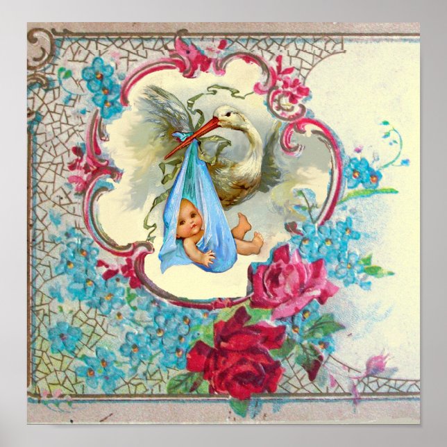 STORK BABY BOY SHOWER cream Poster (Front)