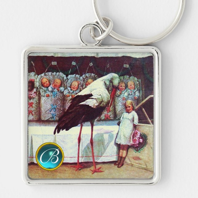 STORK BABY BOY SHOWER GEM MONOGRAM KEY RING (Front)