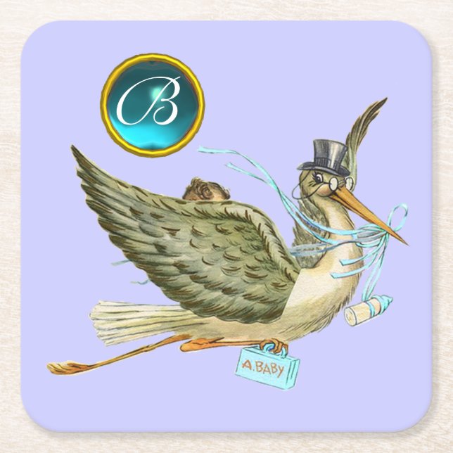 STORK BABY BOY SHOWER GEM MONOGRAM SQUARE PAPER COASTER (Front)