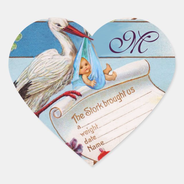 STORK BABY BOY SHOWER HEART MONOGRAM HEART STICKER (Front)