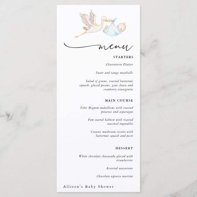 Stork Baby Boy Shower Menu (Front)