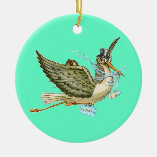 STORK BABY BOY SHOWER MONOGRAM  Blue Aquamarine Ceramic Tree Decoration (Front)