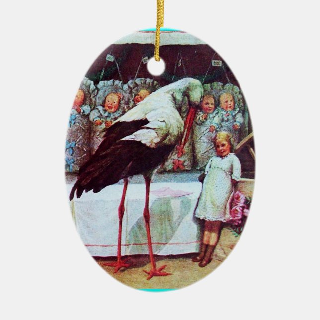 STORK BABY BOY SHOWER MONOGRAM  Blue Aquamarine Ceramic Tree Decoration (Front)