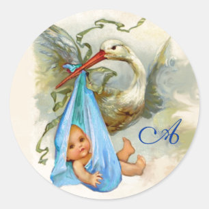 STORK BABY BOY SHOWER  MONOGRAM , CLASSIC ROUND STICKER