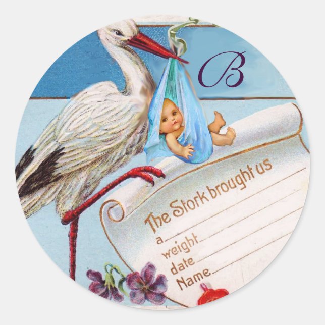 STORK BABY BOY SHOWER MONOGRAM CLASSIC ROUND STICKER (Front)