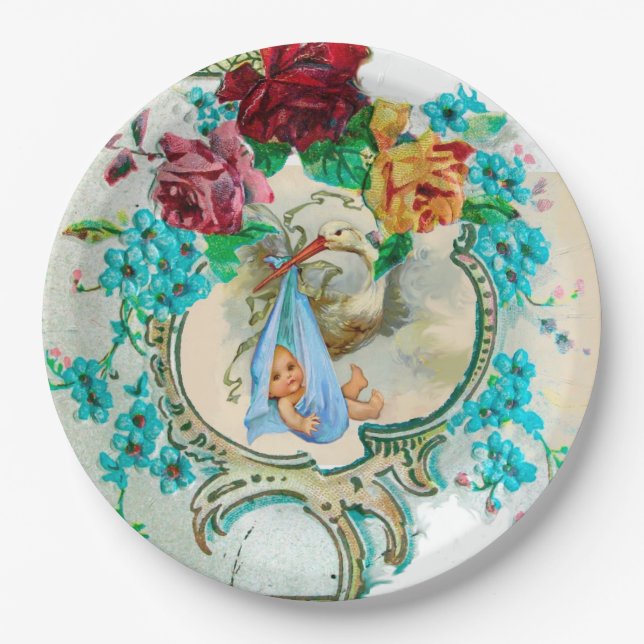 STORK BABY BOY SHOWER PAPER PLATE (Front)