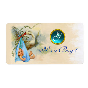 STORK BABY BOY SHOWER TEAL BLUE GEM MONOGRAM