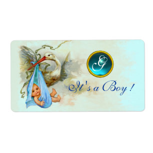 STORK BABY BOY SHOWER TEAL BLUE GEM MONOGRAM