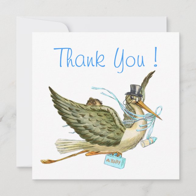 STORK BABY BOY SHOWER ,White Blue Thank You Invitation (Front)