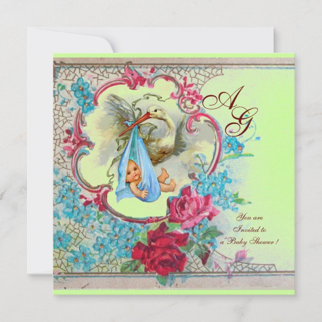 STORK BABY BOY SHOWER WITH ROSES AND BLUE FLOWERS INVITATION (Front)