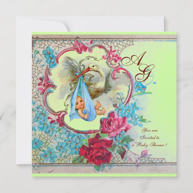 STORK BABY BOY SHOWER WITH ROSES AND BLUE FLOWERS INVITATION (Front)