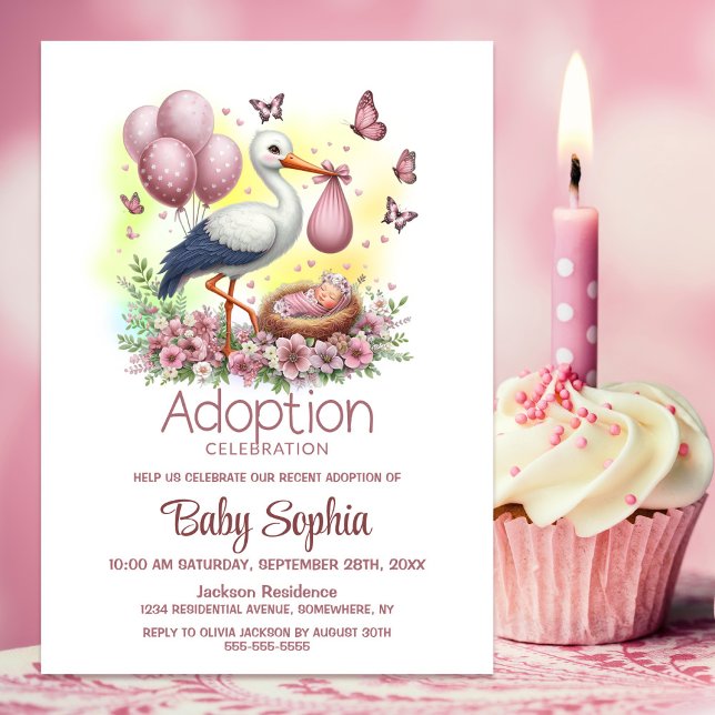 Stork Baby Girl Adoption Baby Shower Invitation (Creator Uploaded)